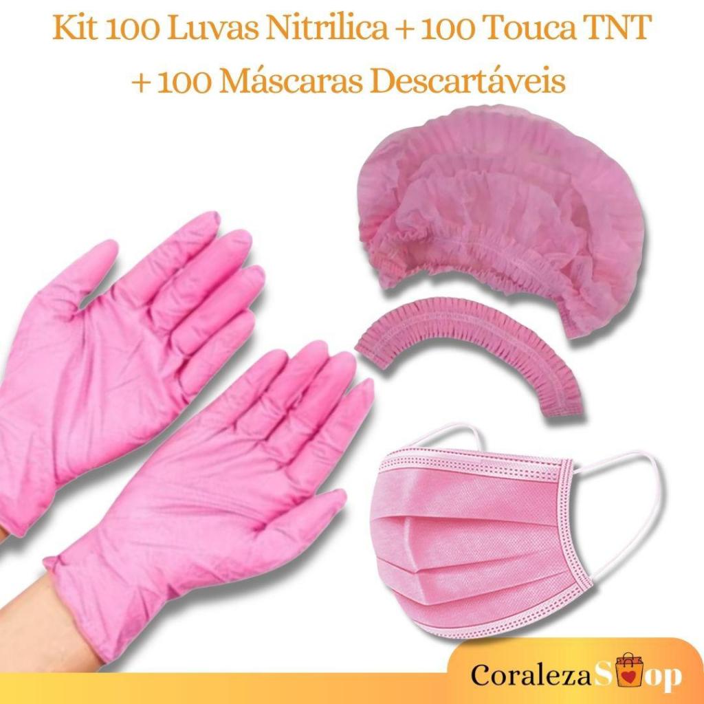 Kit Rosa 100 Touca TNT+ 100 Luva Nitrilica+ 100 Máscara Descartável Tripla Camada Com Clipe Nasal em Oferta na Shopee