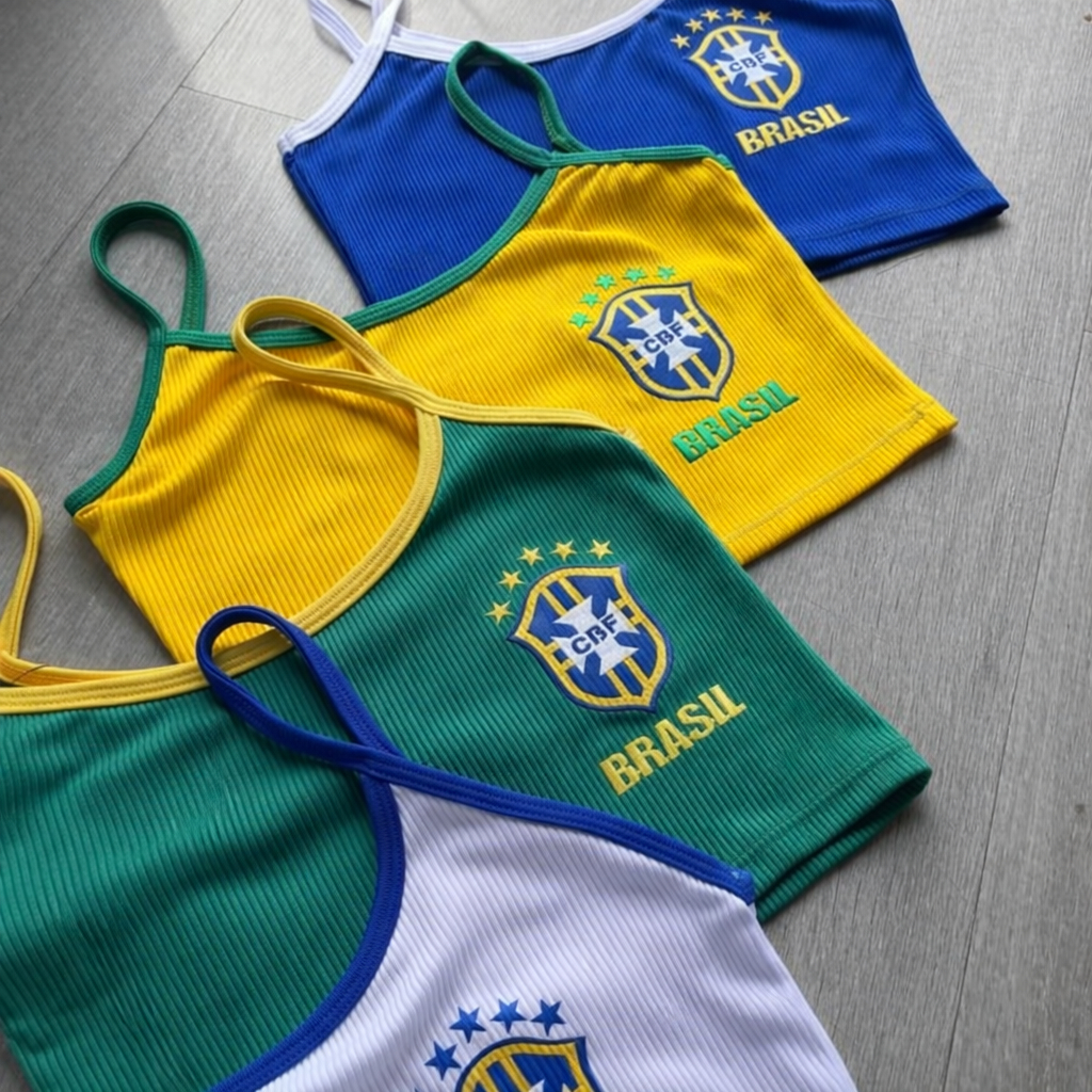 Kit 2 Cropped Feminino Brasil Canelado Alça Blusa Estilosa Verão em Oferta na Shopee