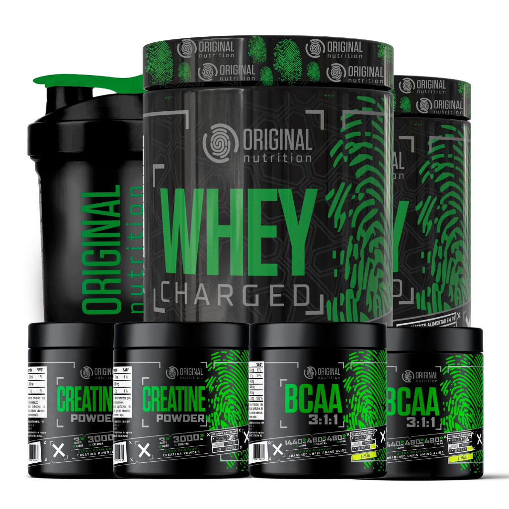 Kit 2x  Suplemento em pó Whey Protein Charged + 2 Bcaa + 2 Creatina + Shaker coqueteleira Original