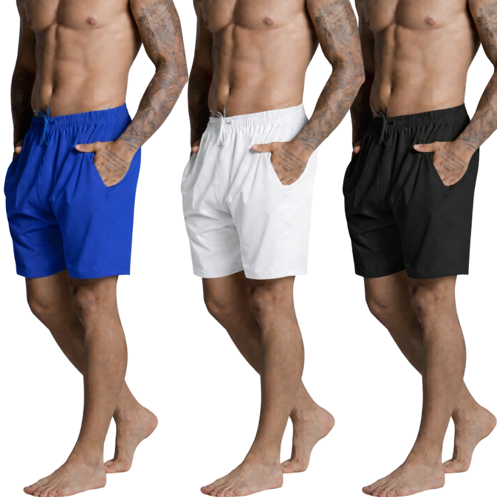 Kit 3 Shots Tactel Liso Com Elastano E Cadarço Leve Casual E Confortavel Bom Para Esporte Ou Piscina