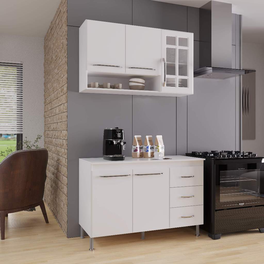 Armário de Cozinha Modulada Compacta Fidelitá Viena 2 Peças 120cm 5 Portas 3 Gavetas Com Tampo Branco em Oferta na Shopee