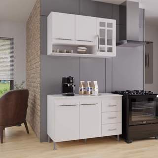 Armário de Cozinha Modulada Compacta Fidelitá Viena 2 Peças 120cm 5 Portas 3 Gavetas Com Tampo Branco em Oferta na Shopee