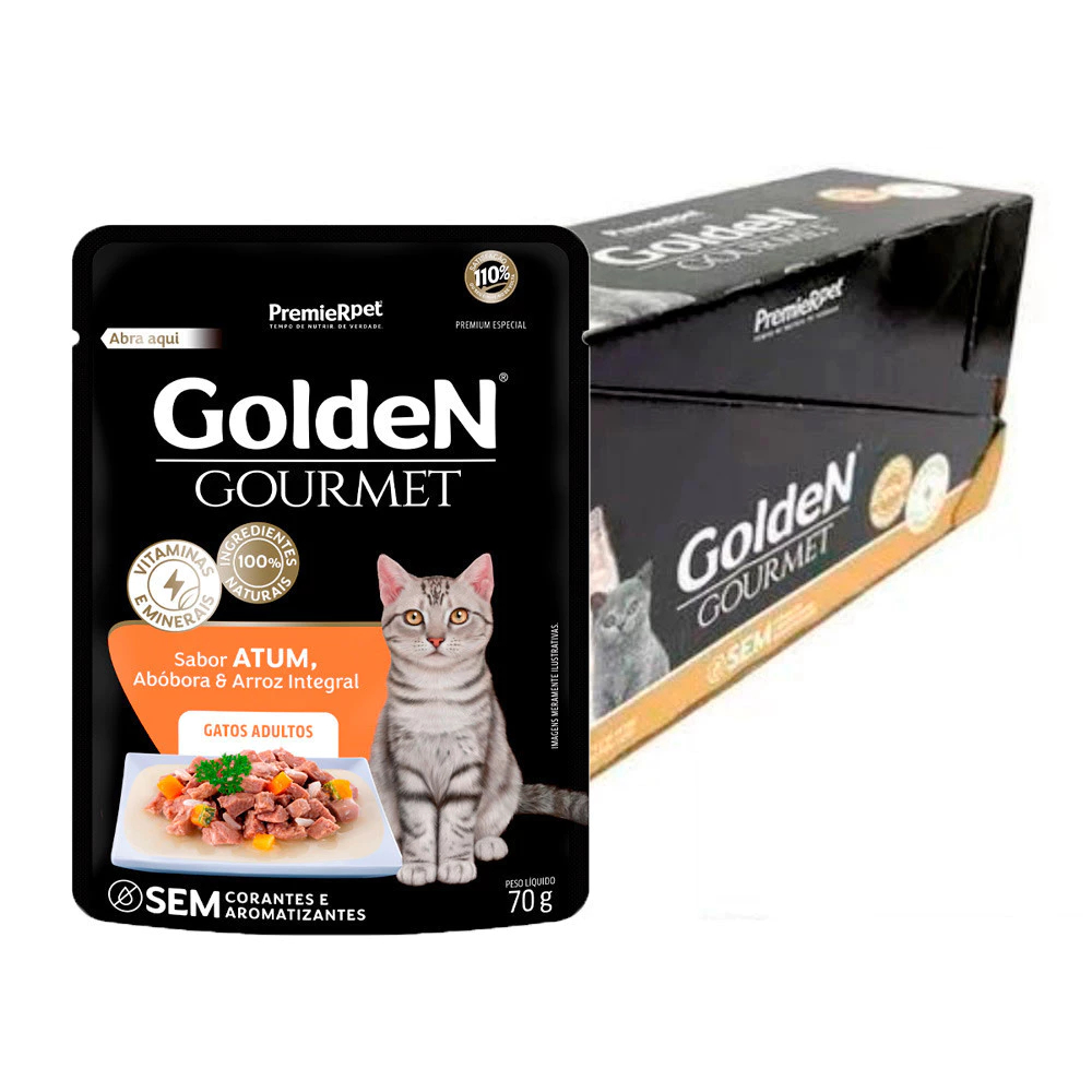 Caixa 20un. Ração Úmida Sachê Golden Gourmet Gatos Adultos Atum 70g em Oferta na Shopee
