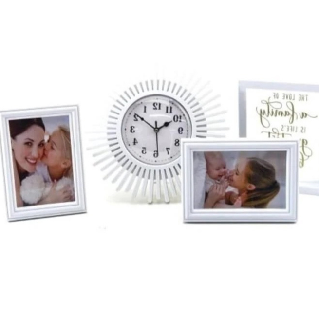 KIT DECORATIVO 4 PECAS, 1 RELOGIO DE PAREDE 25CM,  2 PORTA RETRATOS 1 QUADRO