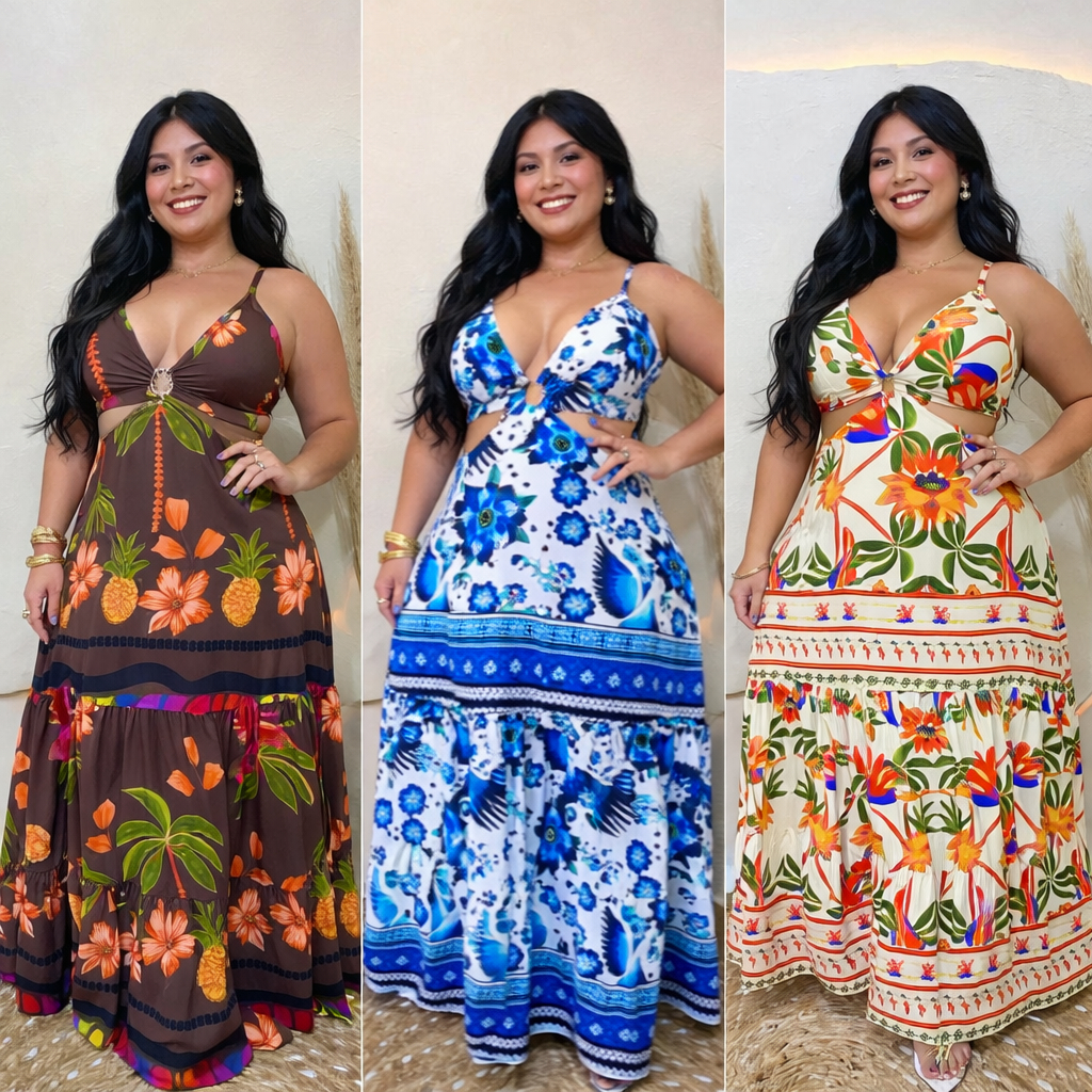 Vestido Longo Feminino Argola no tórax Decote em V