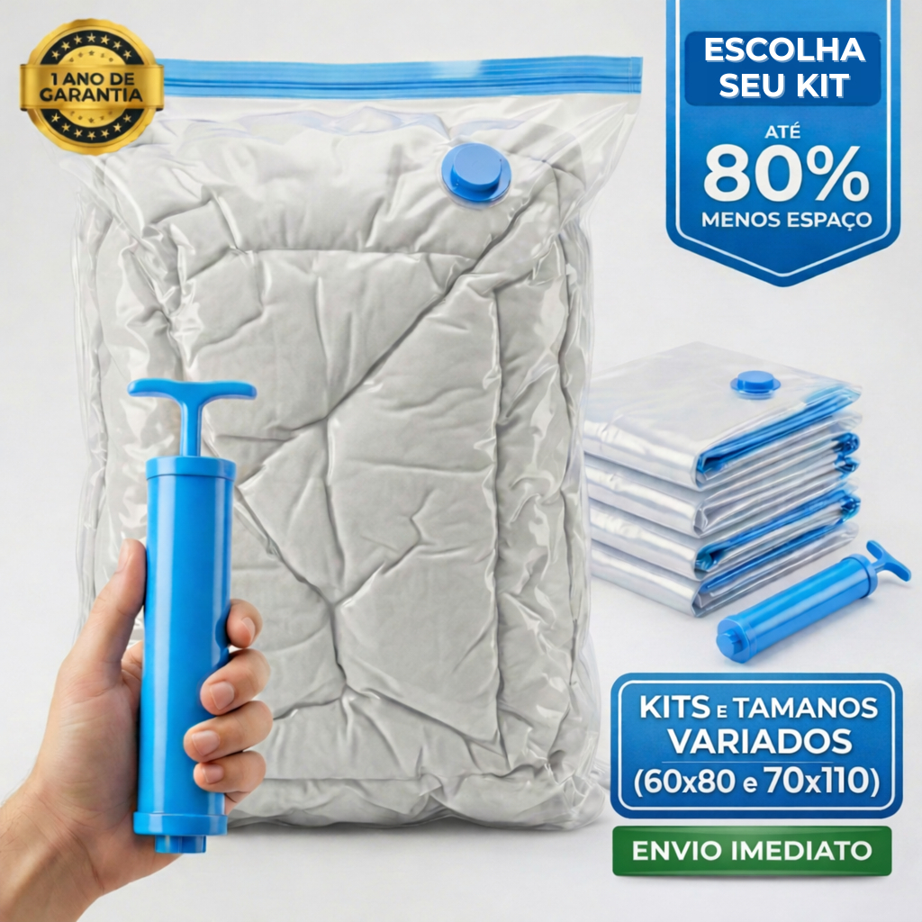 Kit 5 ou 10 Sacos a Vácuo Organizador Grande Roupa Edredom Mala Viagem + Bomba Manual Reutilizável