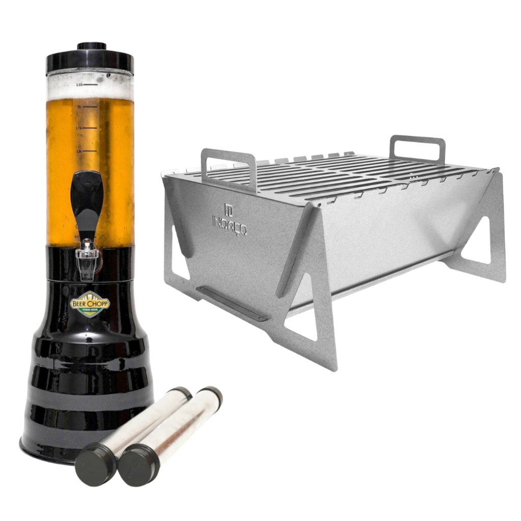Kit Área Gourmet Completo Churrasqueira Portátil Desmontável Torre Beer Chopp 2L Torneira Italiana