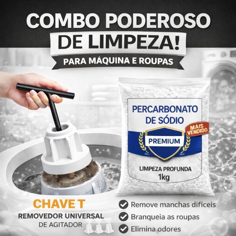 Imagem Chave T 10mm Longa p/ Abrir Agitador de Máquina de Lavar + Percarbonato de Sódio 100% Puro 2 kg 1kg 500g 250g