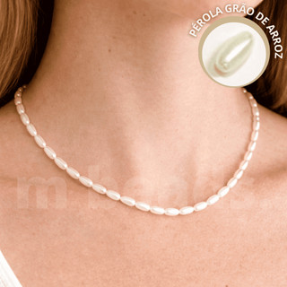 Colar de Perola Grão de Arroz - Colar de Pérolas Feminino/Masculino - [ Pérola 4mm ] - Corrente Não Escurece Aço Inox