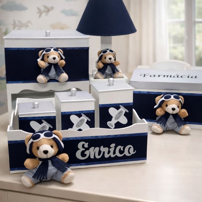 kit higiene mdf urso aviador azul marinho