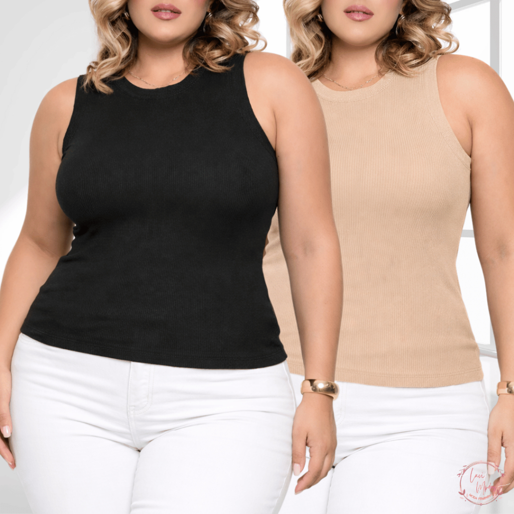 Regata Feminina Ribana Plus Size Ribana Versátil Gola Redonda em Oferta na Shopee