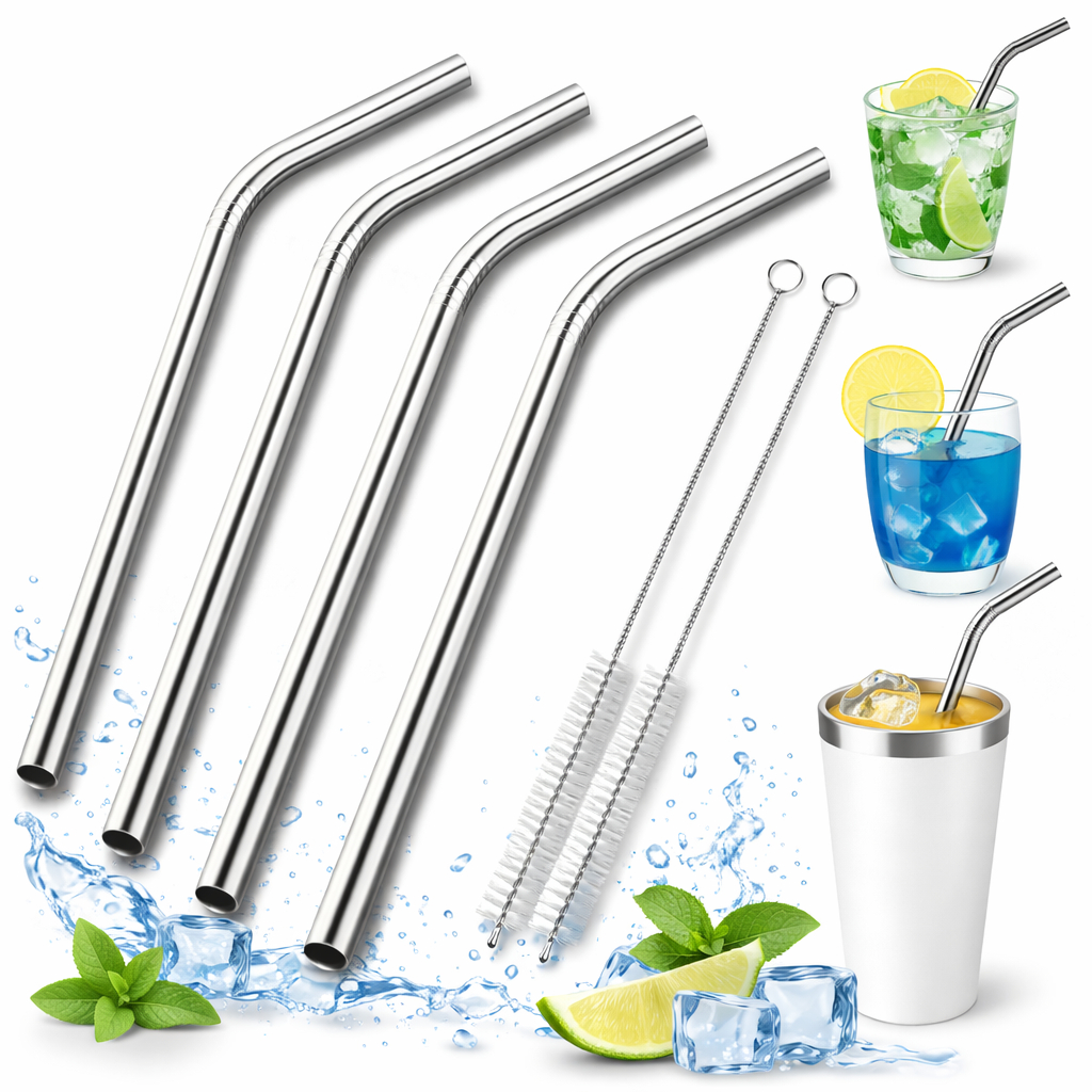 Canudos Inox Curvo com Escovinha Limpeza Reutilizáveis Laváveis - ENVIO IMEDIATO