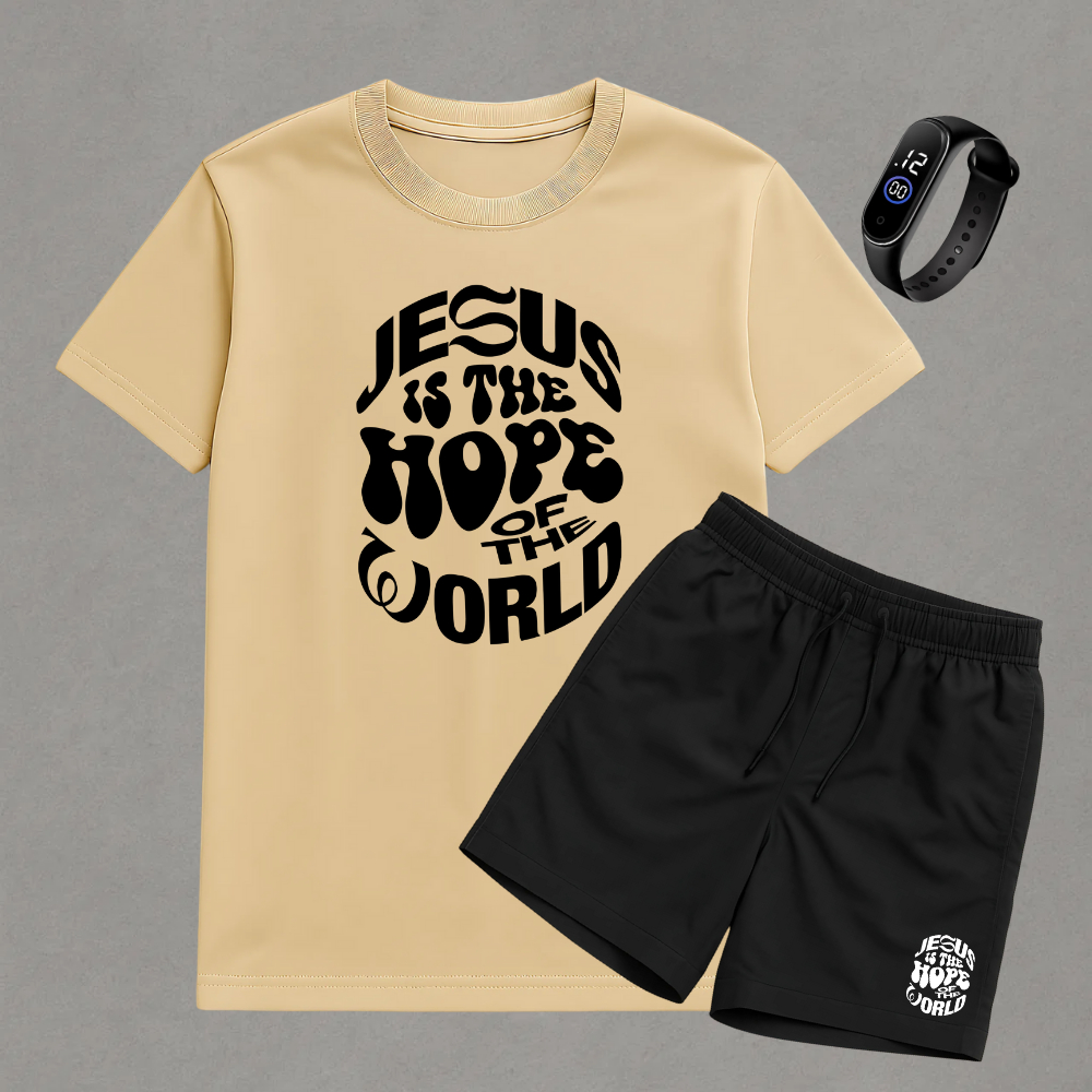 Kit Conjunto Camiseta Camisa Algodão Bermuda Short Tactel Jesus is The Hope Of The Word Moda Fitness Relogio Digital