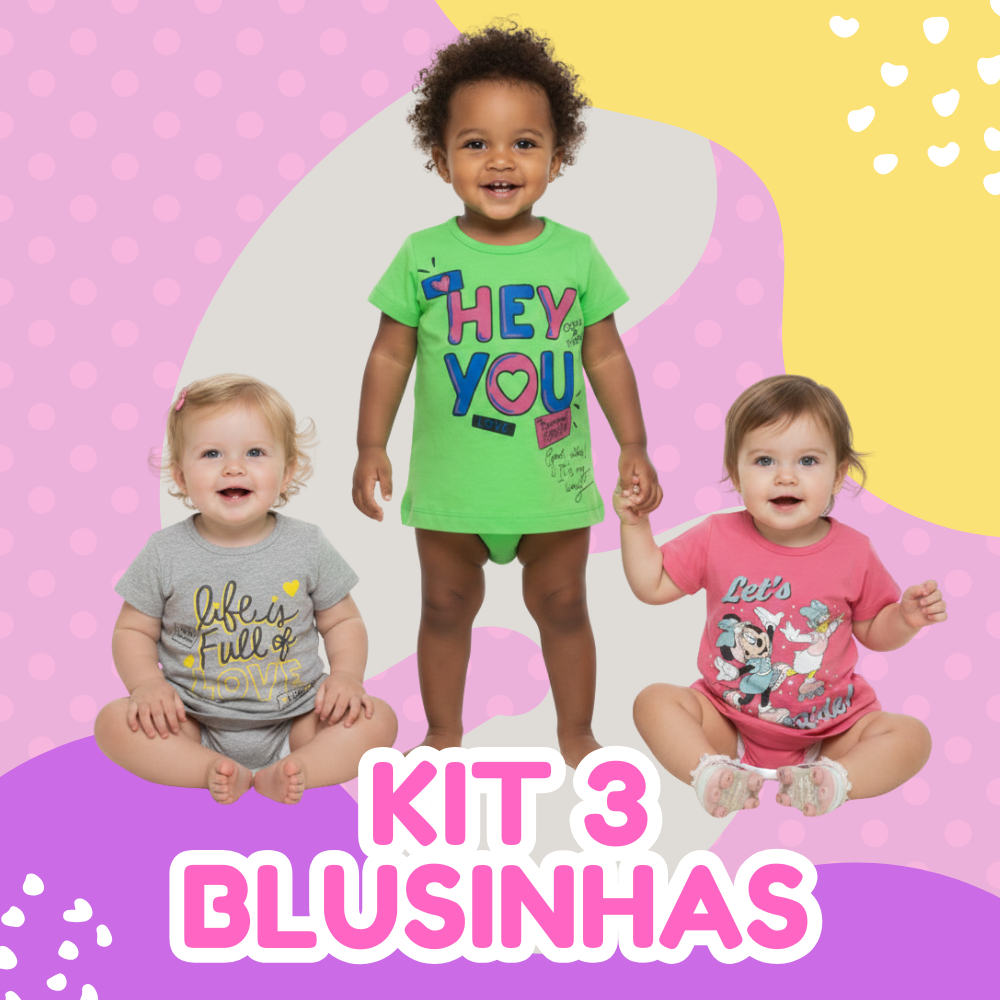Kit 3 Blusas Kids Infantil Feminina Manga Curta Estampas Sortidas Algodão Confortável Dia a Dia