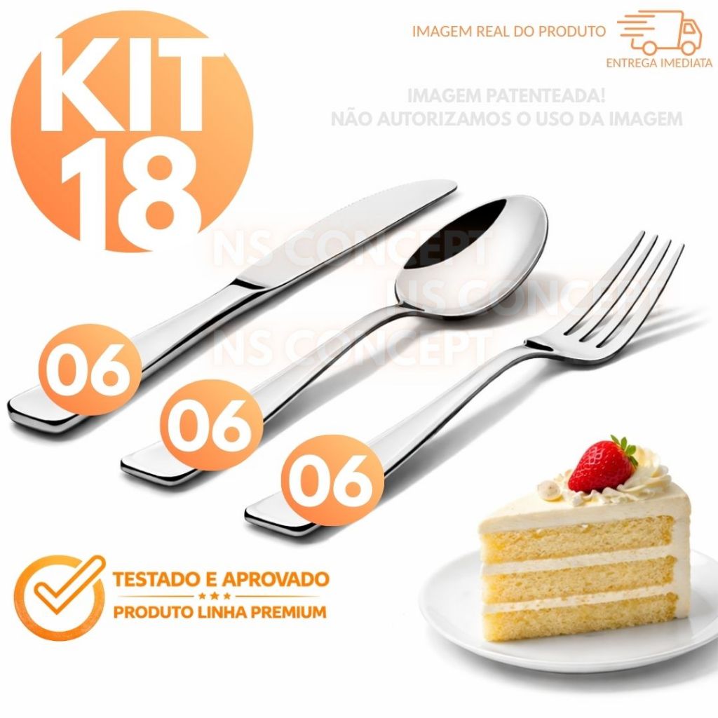 Kit 18 Talheres de Sobremesa Inox – 6 Garfos de Sobremesa, 6 Colheres de Sobremesa e 6 Facas de Sobremesa – Elegante