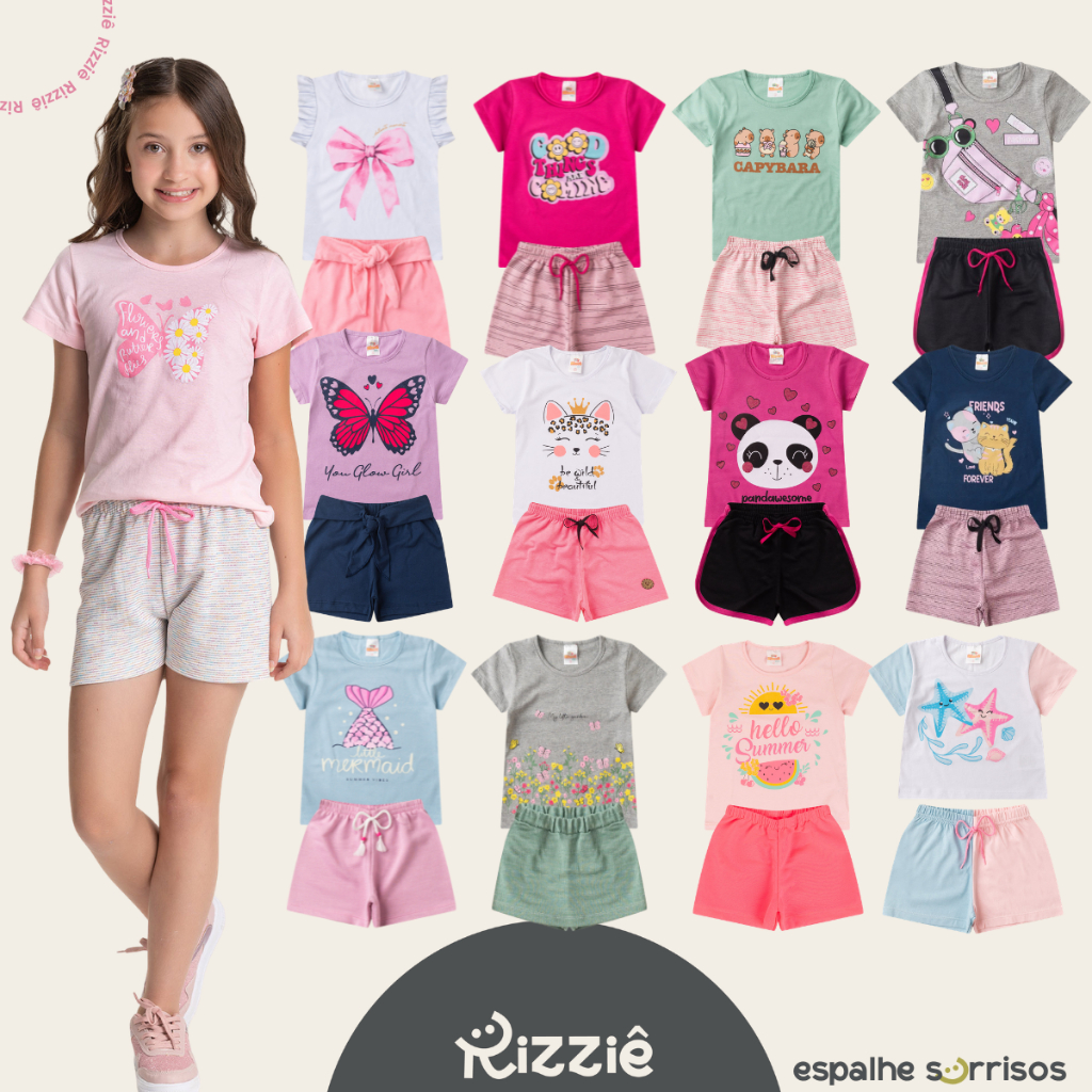 Kit Sortido 12 Peças de Roupas Juvenil Menina Verão - 6 Camisetas + 6 Bermudas - Kit com 6 Conjunto Feminino Juvenil