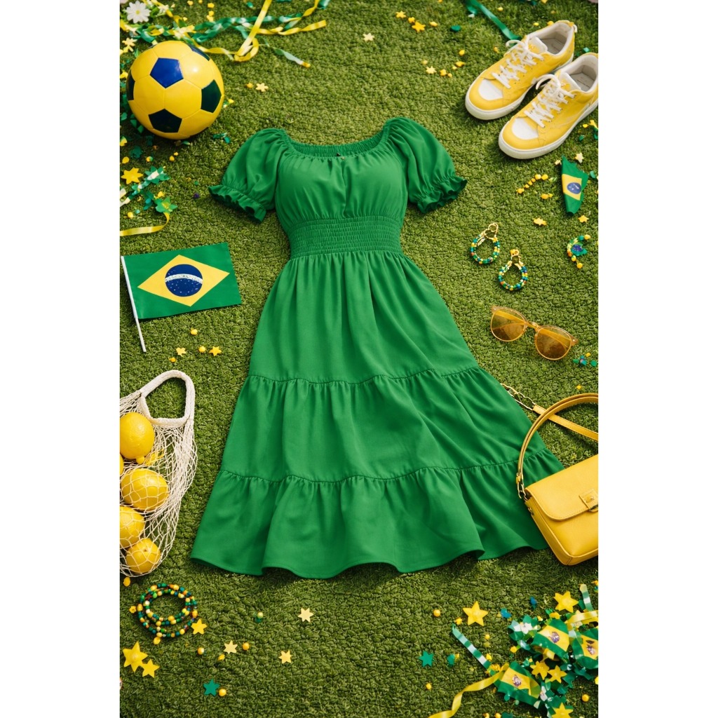 Vestido Midi Liso Feminino Duna Plus Size Manga Curta Confortável Copa Do Mundo Brasil  Camponesa Gravidas Gestantes