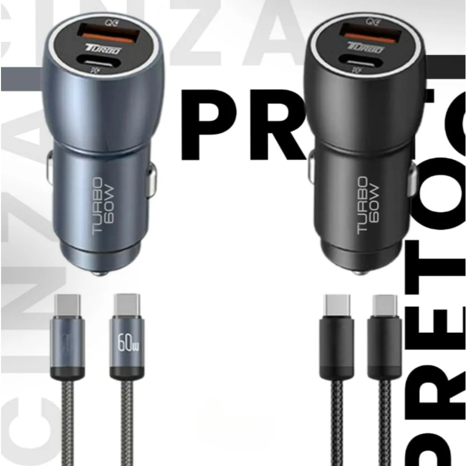 Carregador Veicular Turbo 60w Kit Com Cabo Tipo-c Preto e Chumbo em Oferta na Shopee