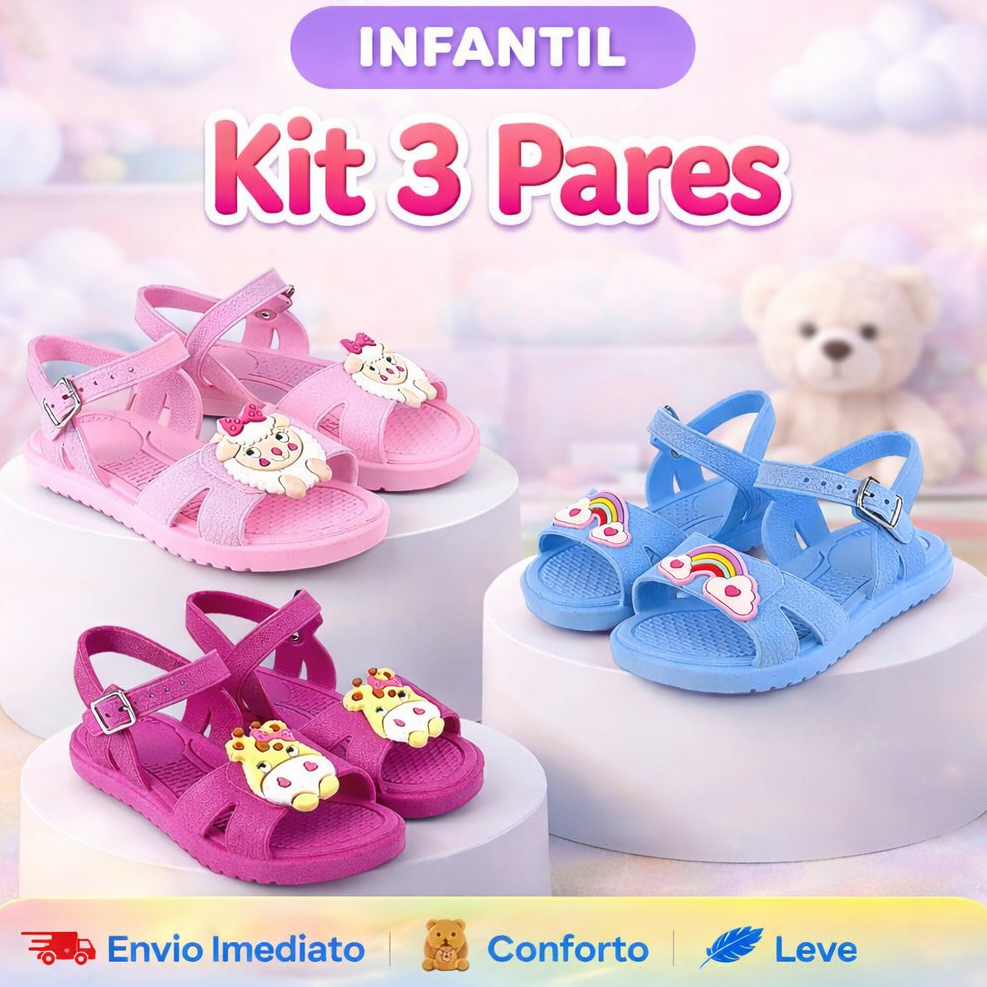Kit 3 Pares Sandália Papete Infantil Menina Rasteirinha Feminina Leve e Confortável
