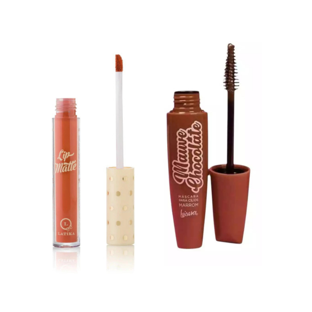 Kit Rímel Marrom Chocolate Alongamento + Batom Latika Lip Matte Longa Duração