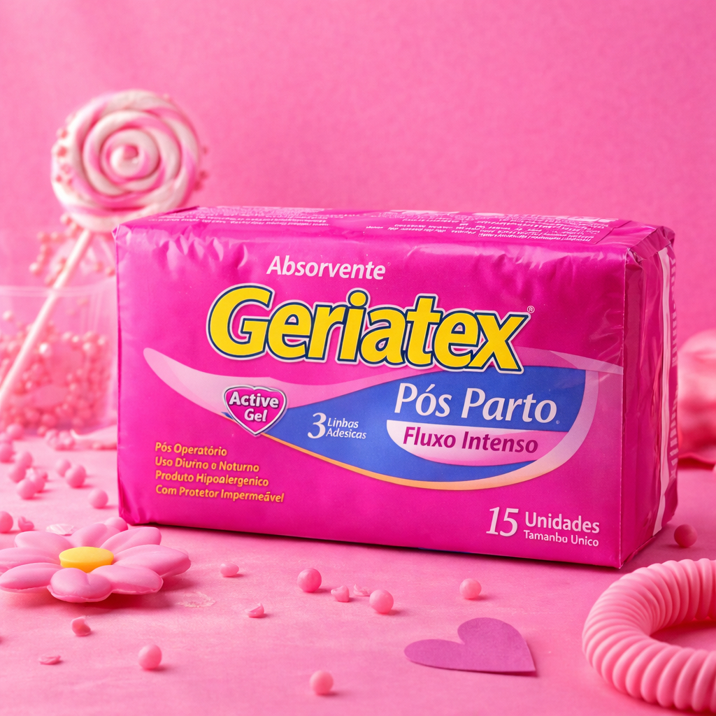 Absorvente Pós-Parto Fluxo Intenso Geriatex - 15 unidades. Uso Diurno e Noturno Com Protetor Impermeável. Tamanho Único