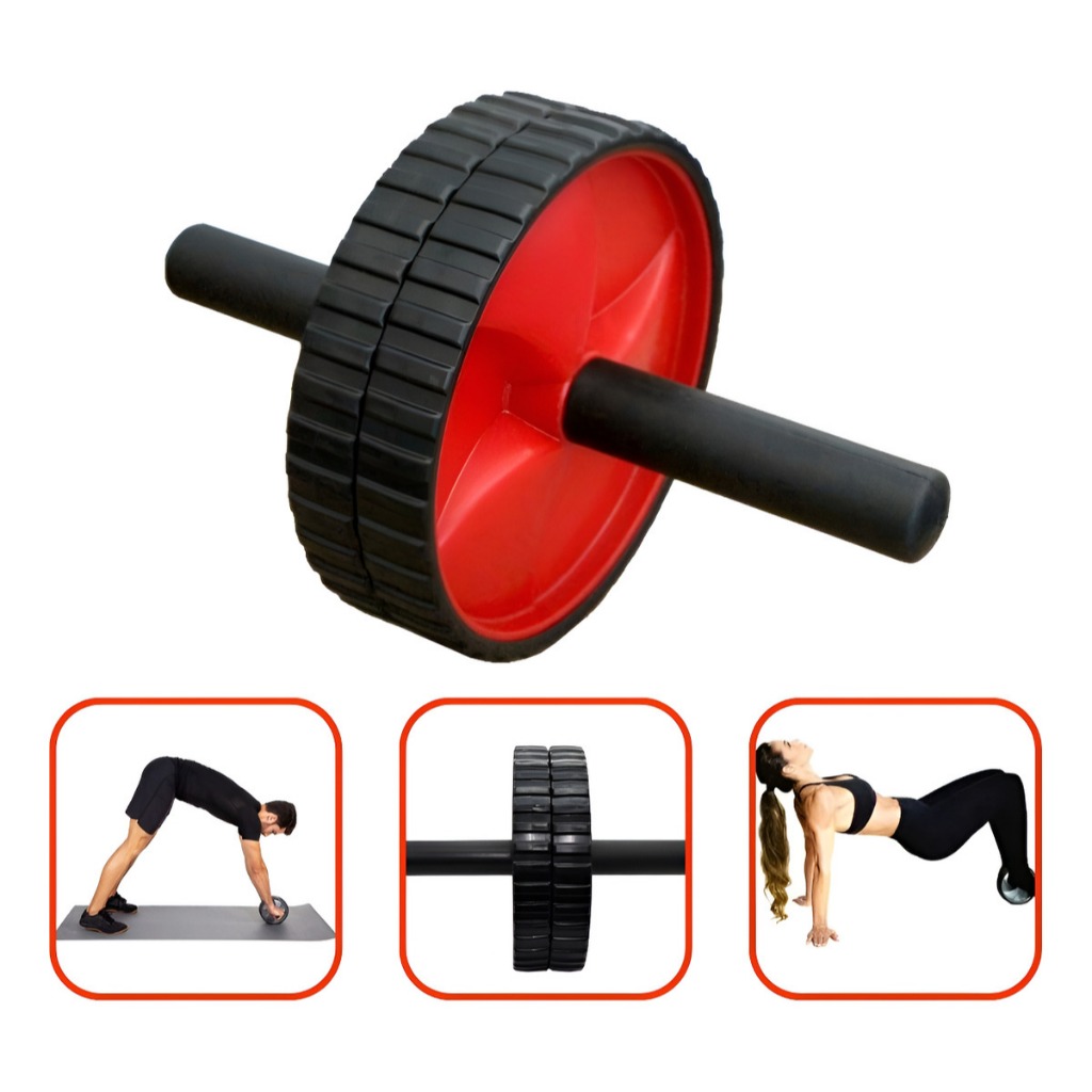 Roda Abdominal Rolo Duplo Para Exercício Treino Funcional Musculação Preto/Vermelho