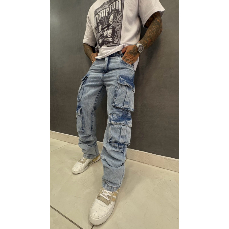Calça Cargo Masculina Marmorizada 8 Bolsos Funcionais Streetwear Estilo Urbano