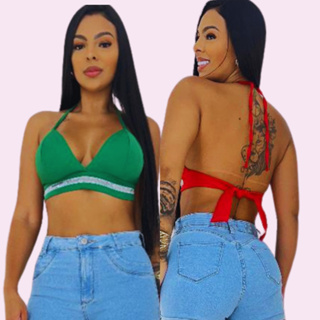 Top Cropped Alfaiataria strass com amarrações no pescoço e costas top Croppetbrilhante . em Oferta na Shopee