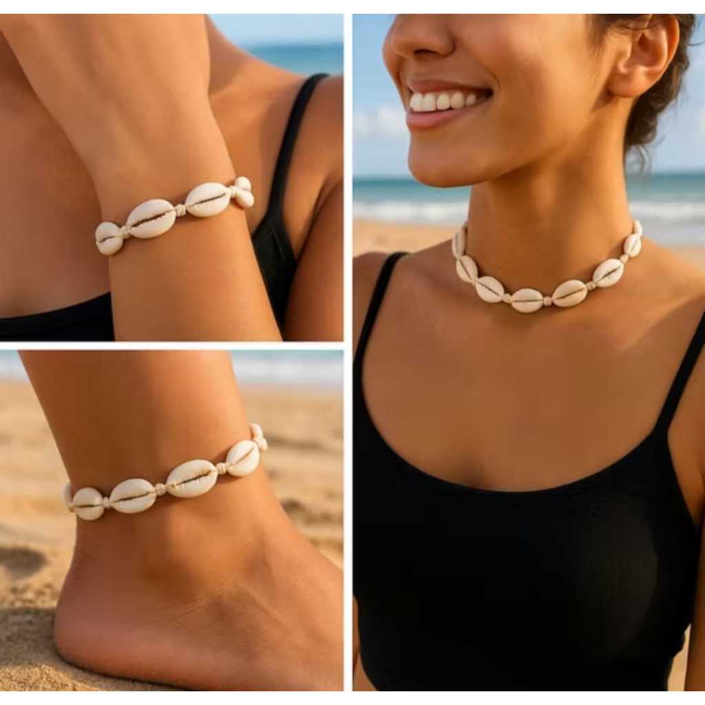 Kit Colar Tornozeleira Pulseira Choker Búzios Natural