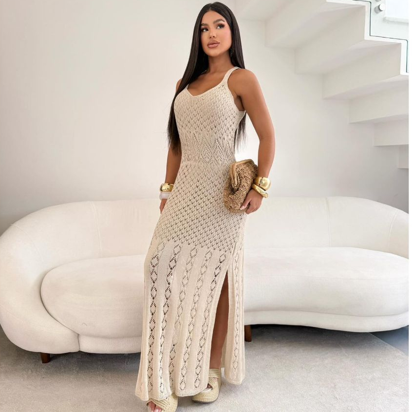 Vestido Longo Crochê Tricô Forrado Fenda Lateral Festa Batizado Madrinha Formatura