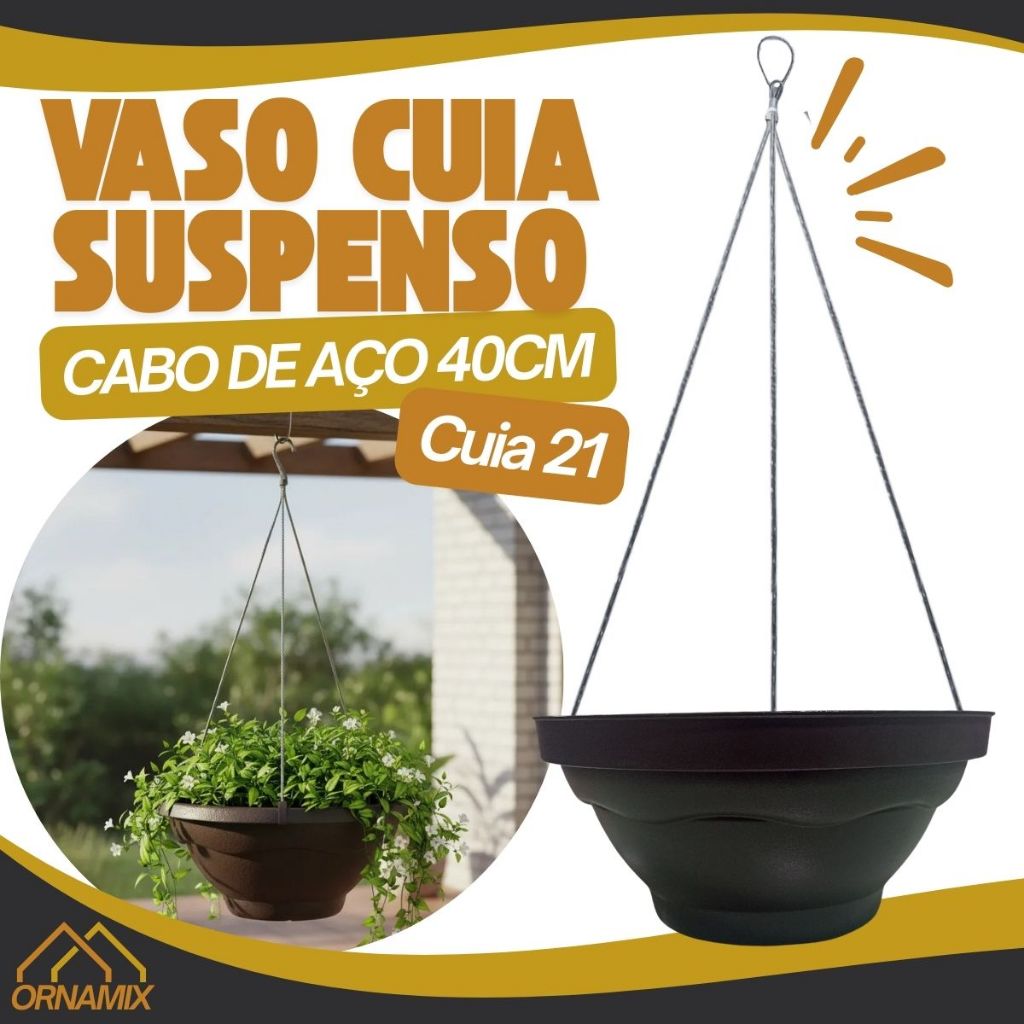 Kit 3/12 Vaso Cuia 21 Suspenso Completo Para Planta Pendente + Suporte Haste Cabo De Aço 40cm P/ Pendurar Parede