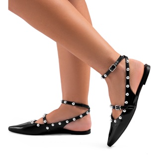 Sapatilha Feminina Lumiss Slingback Bico Fino Tachas Confortável Verniz Preto em Oferta na Shopee