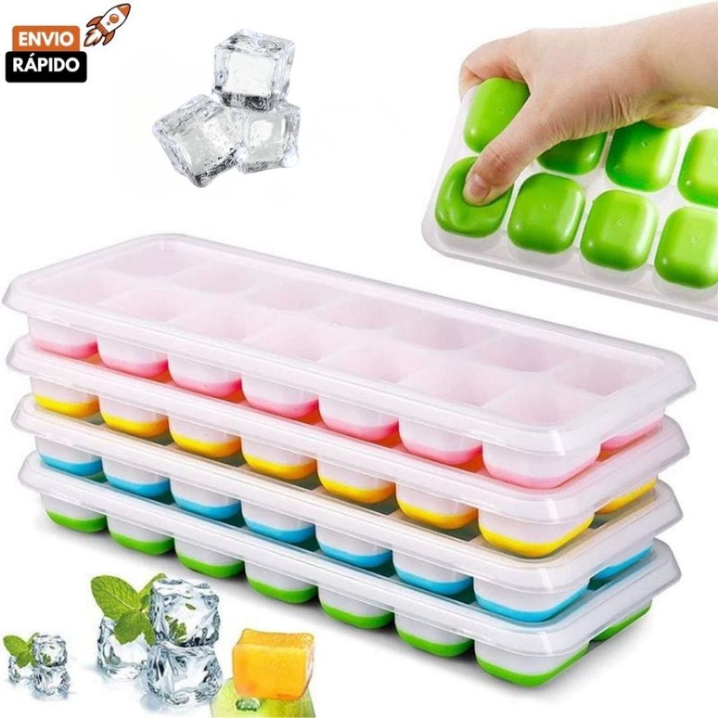 Kit 10 e 5 Peças Forma De Gelo Fundo Retangular 14 Cubos Sem Tampa em Silicone Free BPA