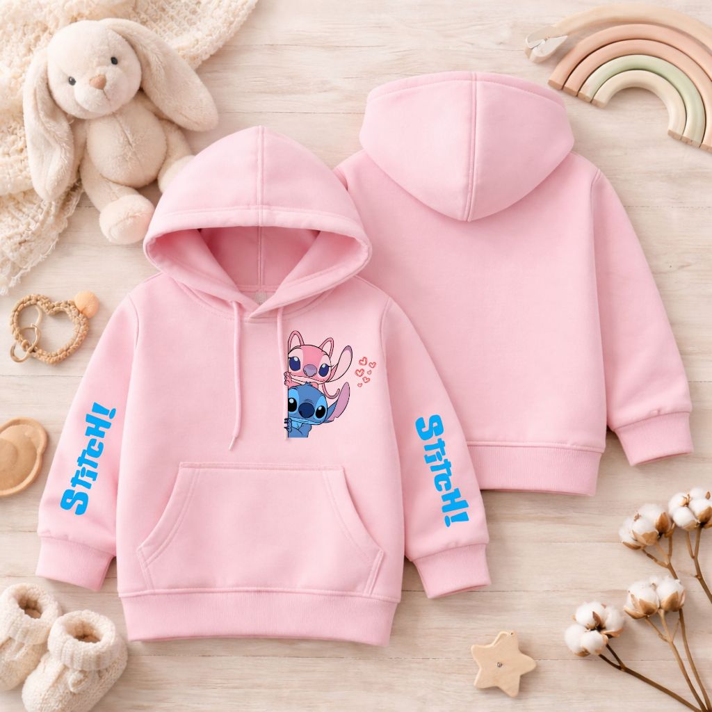 Blusa Moletom Infantil Stitch Flanelado Quentinho com Capuz Canguru e Bolso Menina Infanto Juvenil