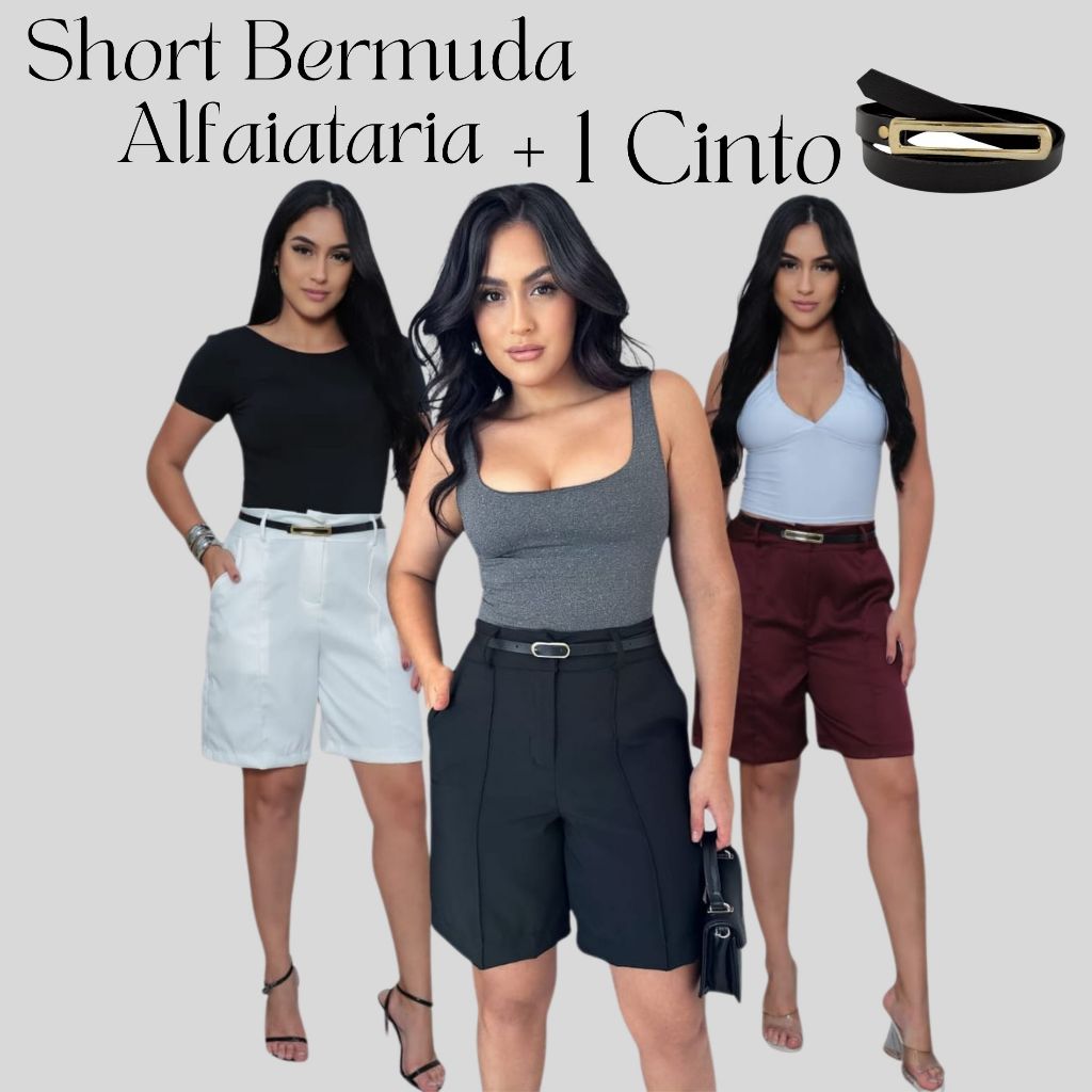 SHORT ALFAIATARIA FEMININO Com Cinto em Oferta na Shopee