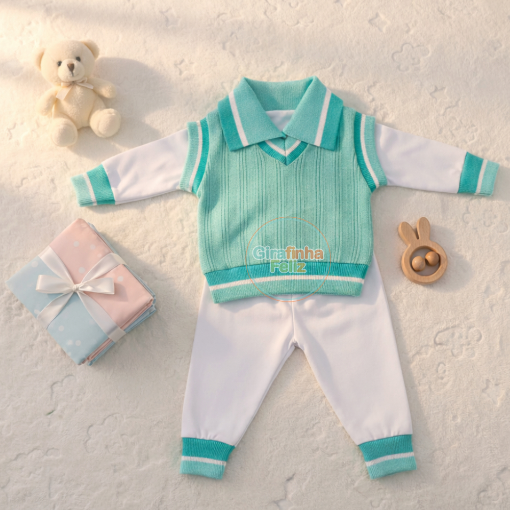 Conjunto Bebê Menino Tricô 3 Peças Pagão Suéter + Casaco + Calça Tamanho RN Saída Maternidade Tricô