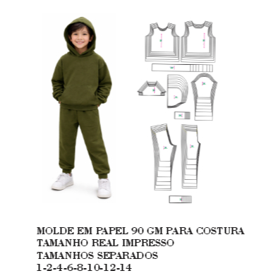 MOLDE ,MODELAGEM DE CONJUNTO DE MOLETOM INFANTIL  BOLSO FRONTAL E CAPUZ  IMPRESSO EM PAPEL 90 GM PARA COSTURA HSTZ-472