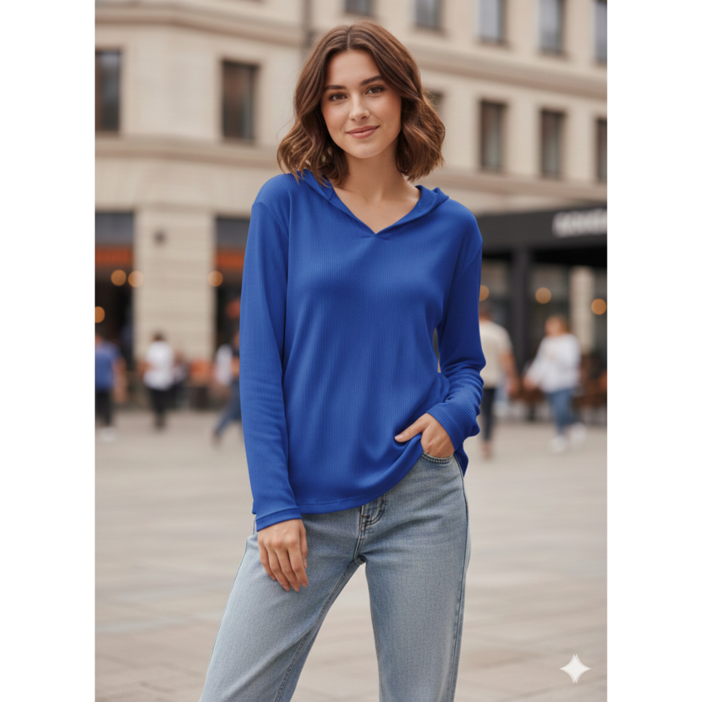 Blusa Feminina em Malha Canelada com Capuz Básica Fashion Confortável para Uso Diário Estilo Casual e Versátil 4383