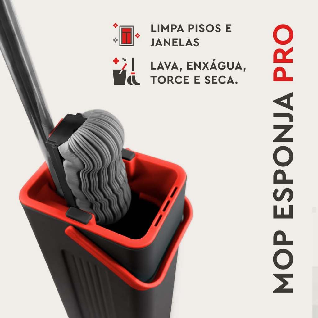 Rodo Mop Esponja PVA Vassoura Esfregão Mágico Balde 2 em 1 Lava Seca Limpeza Casa Cabo Aço Inox