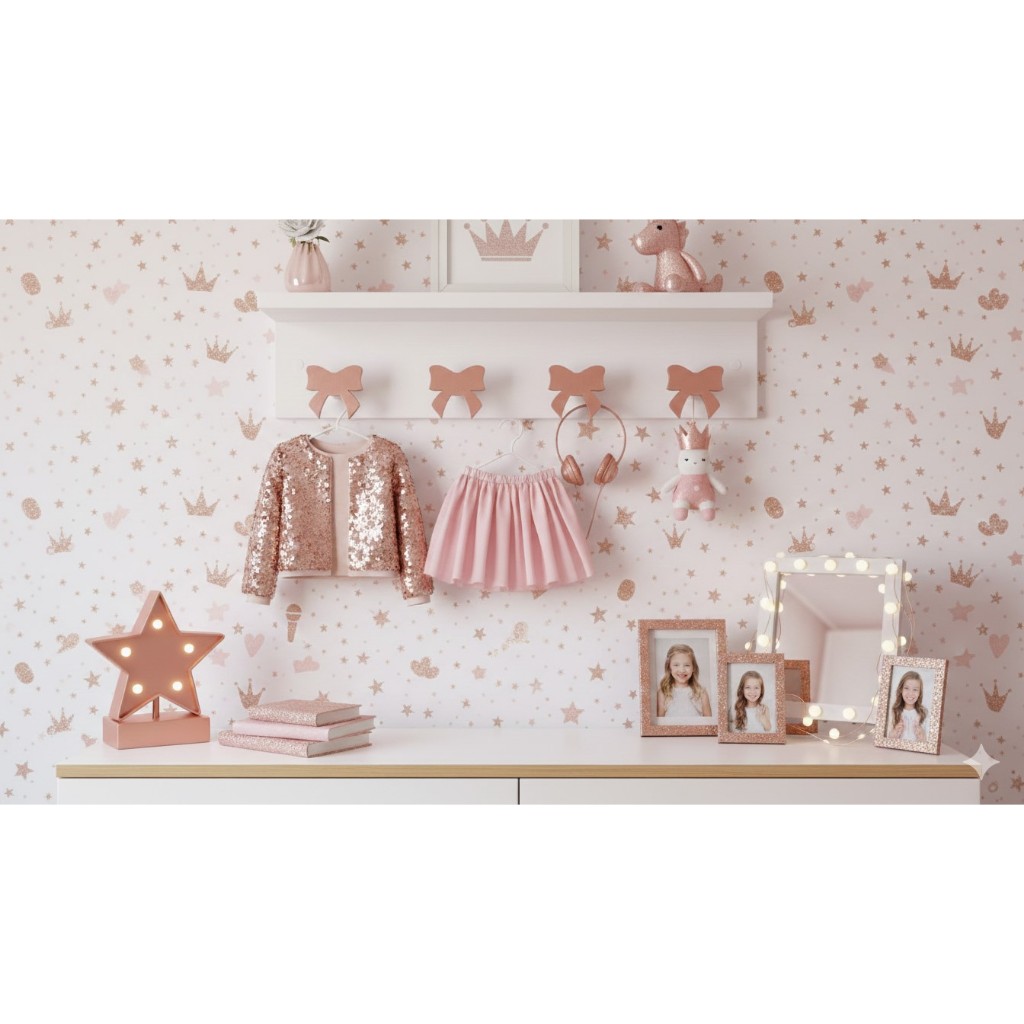 Cabideiro e Pendurador Infantil com prateleira 4 pinos laço rosê gold em Oferta na Shopee