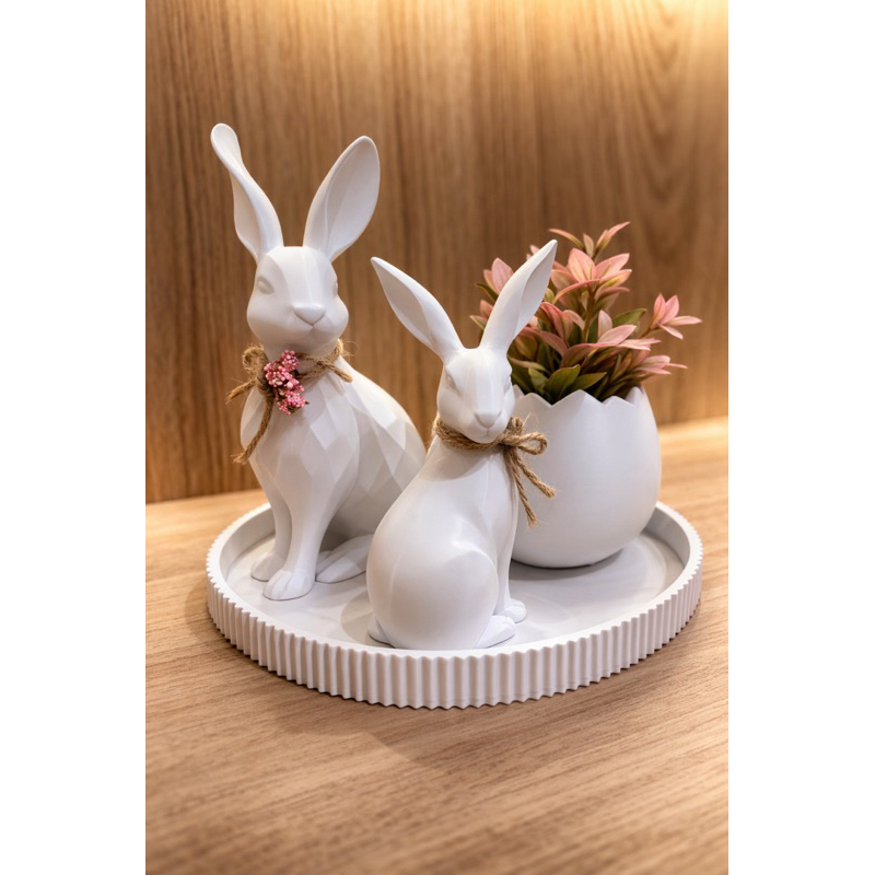 kit decoração de Páscoa 2 coelhos + vaso + bandeja