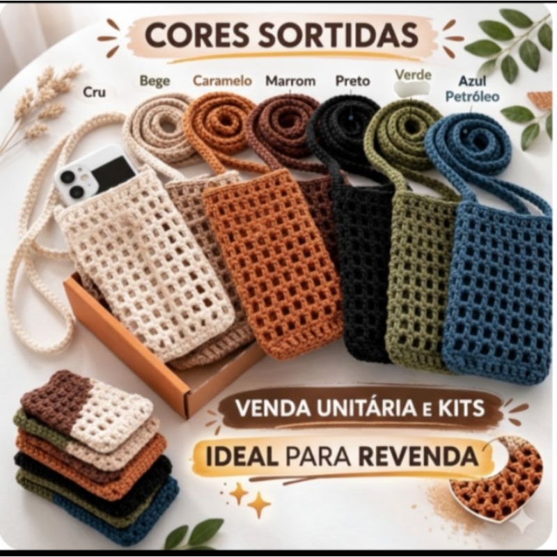 Bolsa Porta Celular em Crochê Vazado | Atacado | Kit 1, 5 ou 10 Unidades/porta óculos,garrafa/transversal e ombro