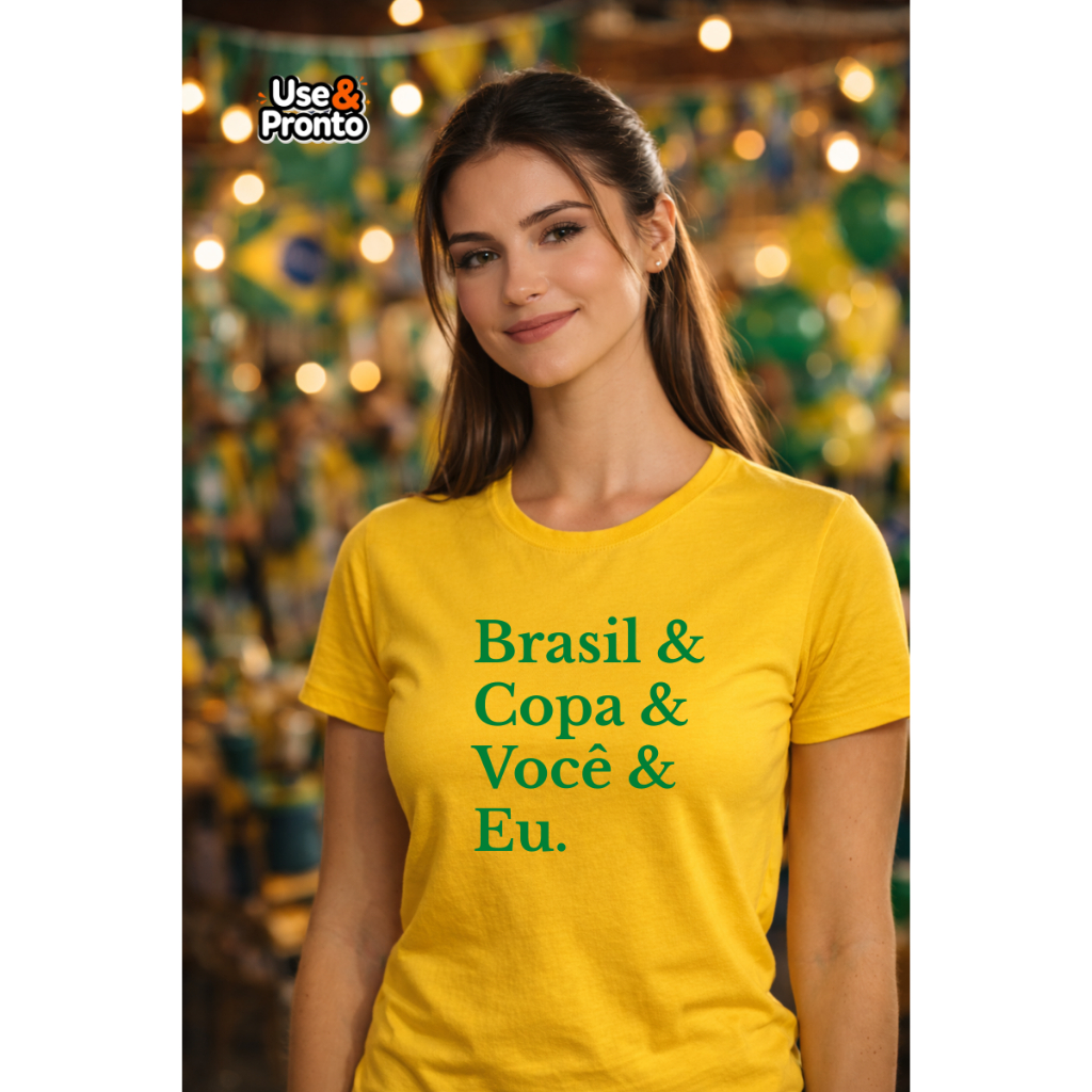 Camiseta Camisa Algodão Feminina Brasil Copa do Mundo Você e Eu Amarela Torcida Futebol