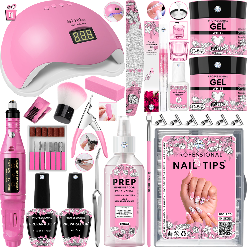 Kit Unhas de Gel Cabine Sun 5 LED UV 48w Digital Lixadeira Elétrica Caneta 20.000 RPM Prep Molde Lixa Broca Presilha em Oferta na Shopee