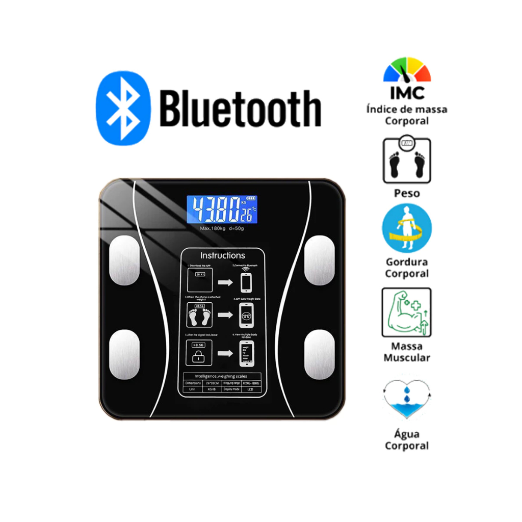 Balança Digital Inteligente Bioimpedancia Alta Precisao 140kg Capacidade Preta Bluetooth