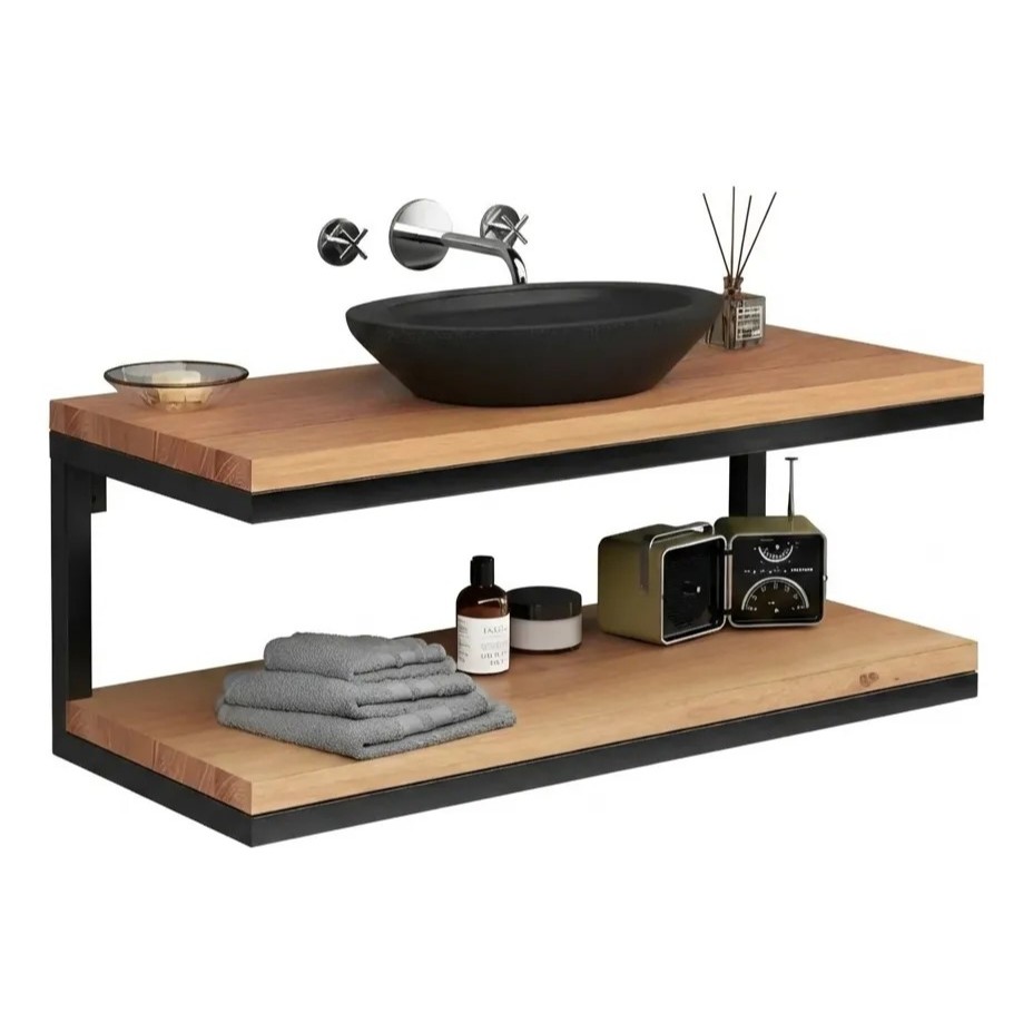 Bancada Gabinete P/ Banheiro Lavabo Em Madeira E Metal Preto Marrom-claro Um Furo em Oferta na Shopee