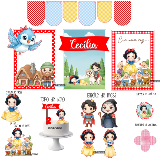 Kit Festa Branca de Neve CUTE | Só um Bolinho Branca de neve | Decoração Personalizada | Festa Afetiva
