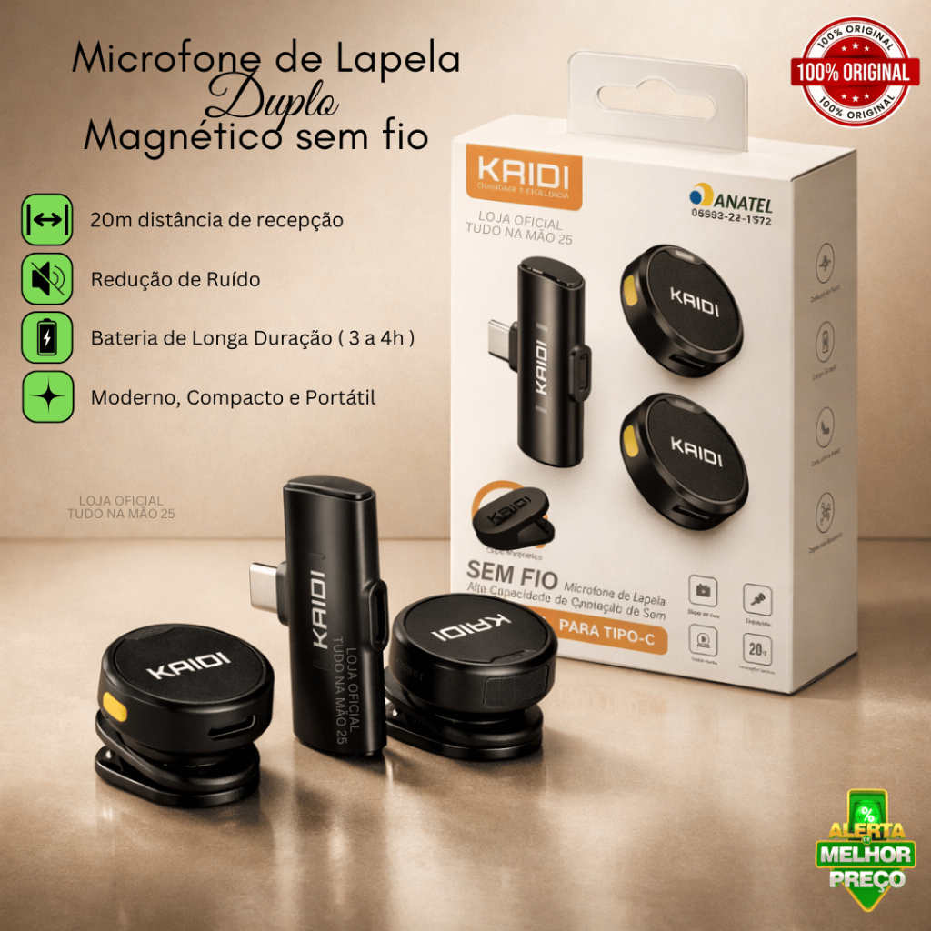 [OFERTA] Microfone de Lapela Duplo Bluetooth sem fio Portátil Anti Ruído Magnético 20m de Distância