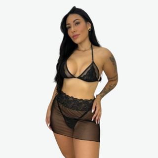 Lingerie Sensual Conjunto 3 Peças Saia + Top Renda Transparente Promoção em Oferta na Shopee