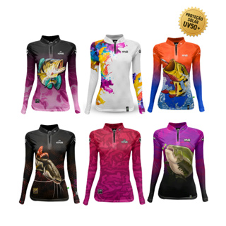 Camisa Camiseta Blusa de Pesca Feminina c/ Proteção Solar KING - Modelos Novos - Escolha Estampa em Oferta na Shopee
